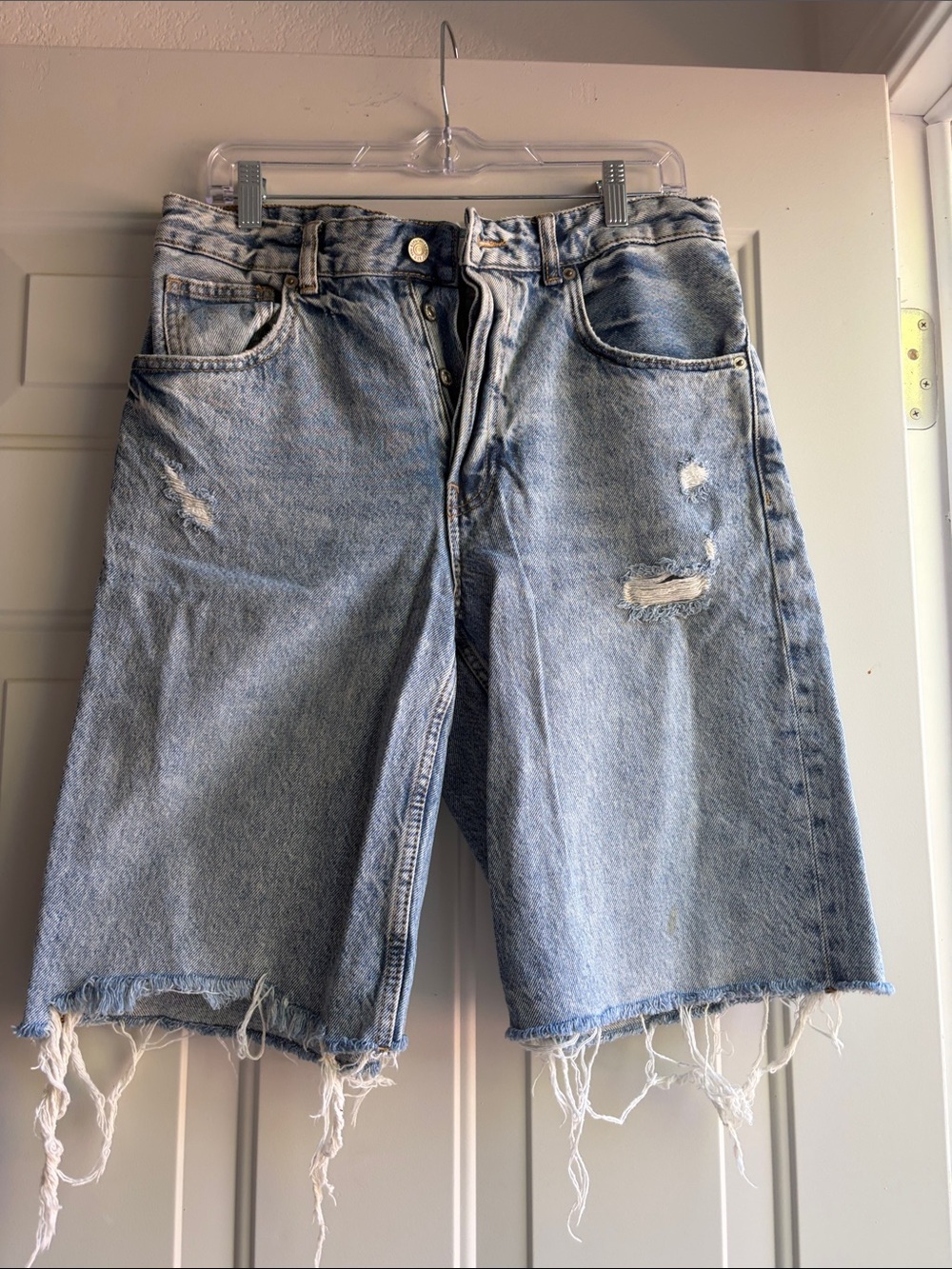 MNG Light Blue Distressed Denim Bermuda Shorts